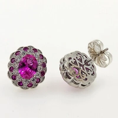 925 Sterling Silver Genuine Oval Ruby Halo 1/2'' Stud Earrings White Gold Plated - Image 1 of 4