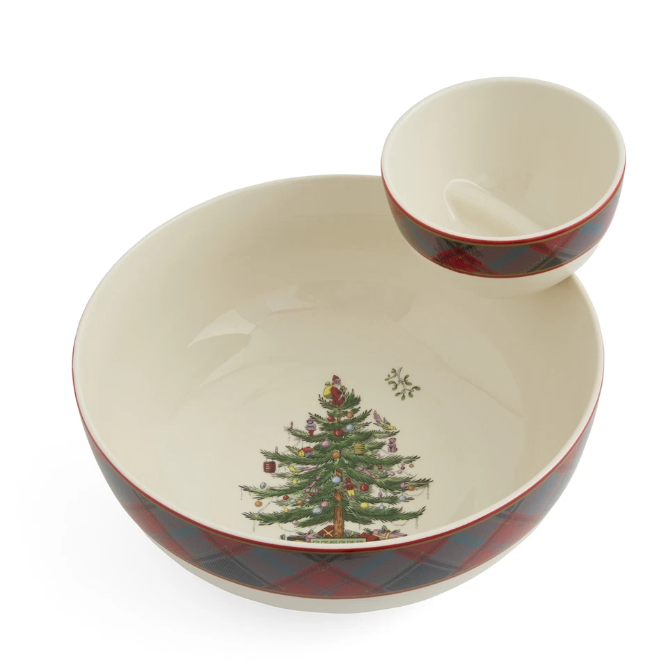 Spode China Christmas Tree 2-Tiered Chip & Dip Set