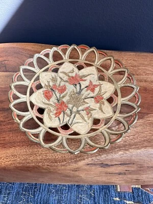 Brass Enamel Bowl Reticulated,Scalloped,Etched Red & Yellow Flower Center Old - Image 1 of 4