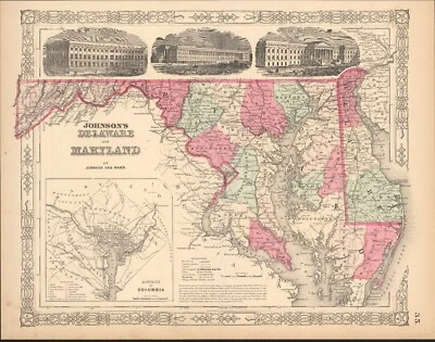 1863 Maryland y Delaware por Johnson Ward hermoso mapa antiguo 17,4" x 13,6" Foto 1 de 2