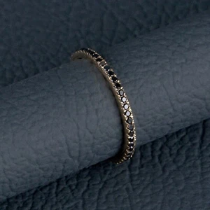 Solid 14k Yellow Gold Band Ring Genuine Black Diamond Dainty Ring Women Jewelry - Picture 1 of 8