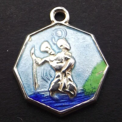 San Cristóbal San Cristóbal plata de ley esmalte azul y verde pequeño encanto redondo Foto 1 de 4