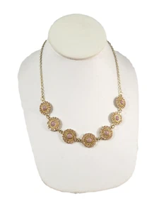 Vtg Fashion Statement Necklace Silver Tone Round Discs Rhinestones Pink Beads - Picture 1 of 11
