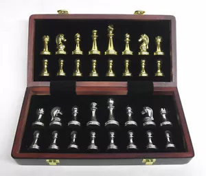 Quality Chess Set Wood Board Heavy Metal Gold & Silver Pieces Folding Box Travel - Picture 1 of 9