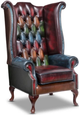 Chesterfield Extra High back Queen Anne Chair Antique Patchwork Leather