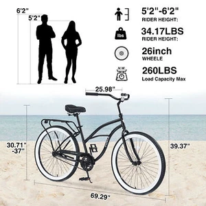 Cruiser Bike Single Speed Bicycles 26" Steel Frame Wide Wheels Rear Brakes Black - Picture 1 of 6