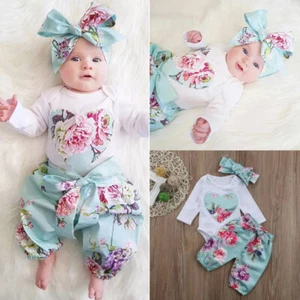 Toddler Baby Girl Clothes Outfits Casual Flower Romper Pants Headband Sets - Picture 1 of 8