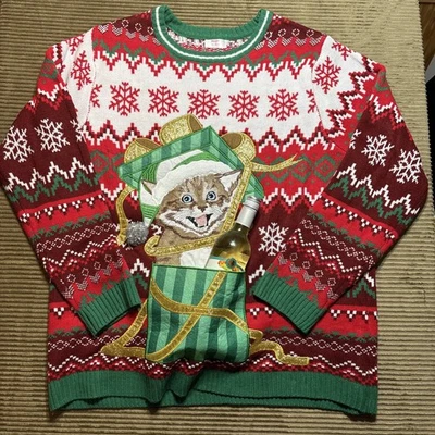 Funny Ugly Christmas Sweater Cat Mens 2XL Green Holiday Time - Image 1 of 4