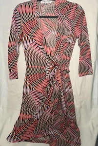 Maggy London Wrap Dress Sz 6 Geometric Pink Orange, Tie at Waist, 3/4 Sleeves - Picture 1 of 5