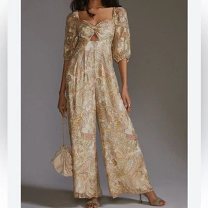 Ranna Gill x Anthropologie Tan paisley Cream metallic Puff Sleeve jumpsuit XL - Picture 1 of 10