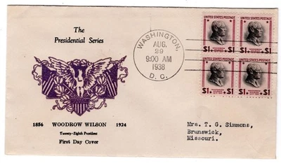 #832 Presidential Series $1 Woodrow Wilson 1938 FDC - #55 Mayne - Image 1 of 2
