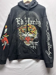Ed Hardy Tiger Dagger Layered Graphic Hoodie Mens size XXL Black NWT Artwork - Picture 1 of 12