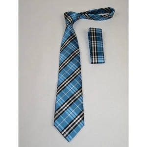 Men's Woven Tie Hankie Set J.Valintin Private Collection R37 Teal Blue Plaid - Picture 1 of 2