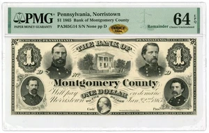 1865 $1 The Bank of Montgomery County - Norristown, PENNSYLVANIA Note PMG 64 EPQ - Picture 1 of 2