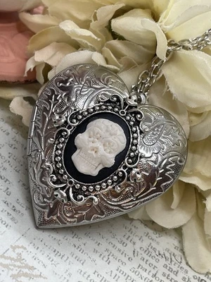 Heart Silver Locket Sugar Skull Cameo Rose Gothic Necklace Photo Halloween bride - Image 1 of 4
