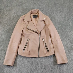 AllSaints Jacket Womens UK 10 Pink Leather Biker Dalby - Picture 1 of 10