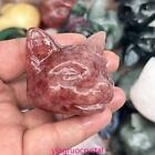 1pc Natural strawberry quartz Cat's head Quartz Crystal Carved Reiki healing 2in