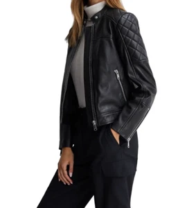Ladies Real Leather Jacket Quilted Black Zip up Casual Biker Jacket - Picture 1 of 6