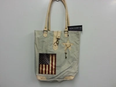 Vintage Addiction Canvas US Flag Tote Large Tan Leather Handles - Image 1 of 3