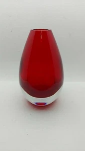 Vintage Clear / Ruby Red Hand Blown Vase 8” Tall. Clear Bottom Red Bowl Heavy - Picture 1 of 8