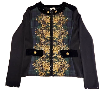 Cárdigan Just B Cremallera Talla Pequeña Terciopelo Borde Azul/Verde Cuadros Cuentas Doradas *¡LEER!* Foto 1 de 4