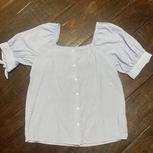 Top Lauren Conrad LC bianco blu a righe manica a sbuffo collo quadrato taglia M - Foto 1 di 9