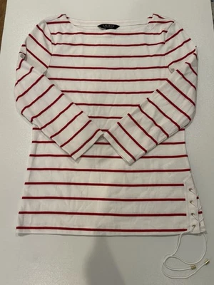 Camisa Lauren Ralph Lauren Breton gola barco listra vermelha manga 3/4 tamanho M detalhe de renda - Imagem 1 de 4