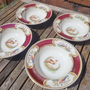 Myott Ironstone Burgundy Red Chelsea Bird - Rimmed Dessert or Soup Bowls 18cm - Picture 1 of 12