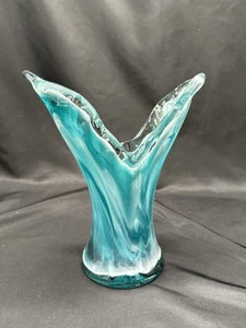 Art Glass Ruffled Wavy Free Form Blue White Clear Vase 8” Tall Unmarked - Picture 1 of 6