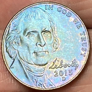 Hermosa moneda de níquel Jefferson 2015-D azul brillante/arco iris en tono #5 - Imagen 1 de 13