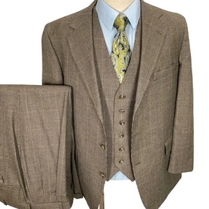 Huntington 3 Piece Suit Men 41R 34W 29L Brown Houndstooth Heritage Wool Classic - Picture 1 of 19