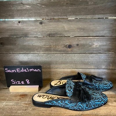 Mujer Sam Edelman Paris Negro Azul Lona Borla Zapatos Sin Cordones Mules Talla 8 M Foto 1 de 4