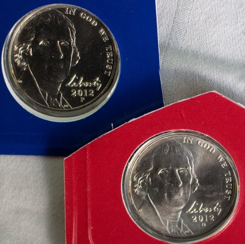 2012 P and D Jefferson Nickels 2 Coins from US Mint Set Five Cents Two 5c Cover
