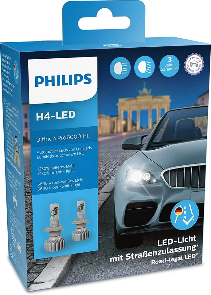 Original Philips Ultinon Pro6000 H4 LED Con Legal en la Calle Bombilla - Imagen 1 de 4