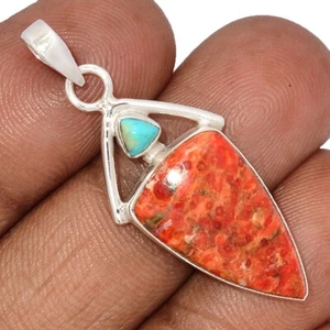 Natural Sponges Coral & Mohave Blue Turquoise 925 Silver Pendant EA14 CP67217 - Picture 1 of 1
