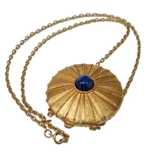 Vintage Estee Launder Solid Perfume Compact Locket Gold Tone Blue Stone Necklace - Picture 1 of 10