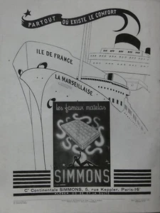 PUBLICITÉ DE PRESSE 1949 LES FAMEUX MATELAS SIMMONS SUR PAQUEBOT ILE DE FRANCE - Imagen 1 de 1