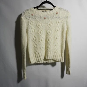 Vintage Cottage Crochet Knit Sweater Cream Pink Flowers Gma Prairie Fairy Sz S - Picture 1 of 4