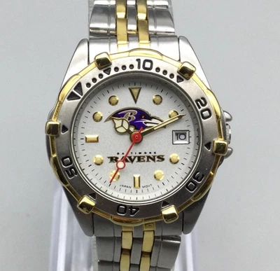 Reloj Baltimore Ravens NFL Mujer 27mm Dos Tonos Fecha Fútbol Nueva Batería 6" Foto 1 de 4