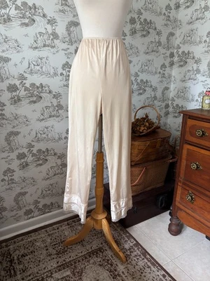 Vintage 70s Cabernet Beige Sleep Pants with Lace Trim Hem Nylon Sleepwear Bottom - Image 1 of 4
