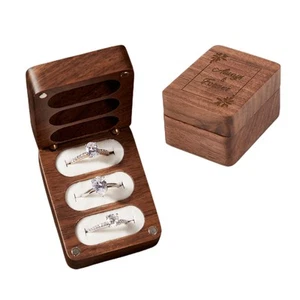 Ring Box, 3 Slot, Walnut Wood, Magnetic Closure, White Lining, Engraved, Idea... - Picture 1 of 7