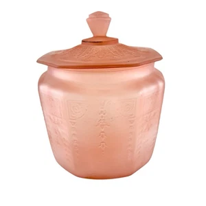 Vintage Pink Satin Depression Glass Frosted Princess Cookie Biscuit Jar Lidded - Picture 1 of 16