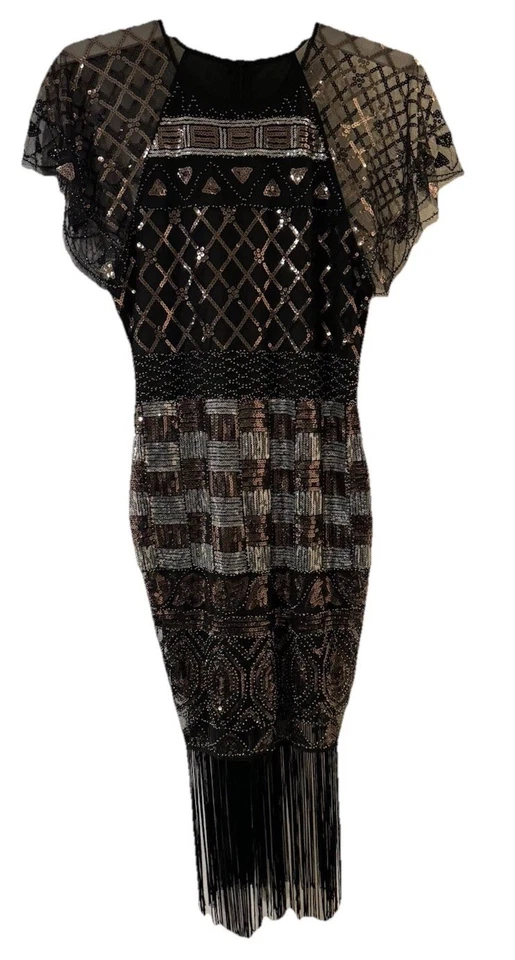 独特复古 Flapper Gatsby 鸡尾酒亮片礼服金色黑色条纹小号 — 第 1/4 张图片