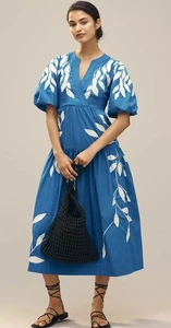 Anthropologie Kurzarm Maxikleid Stickerei Applikation blau weiß XS neu mit Etikett - Bild 1 von 5