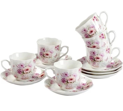 Juego de tazas y platillos de café espresso de porcelana de 2,5 oz - diseño floral, patrón púrpura... Foto 1 de 4