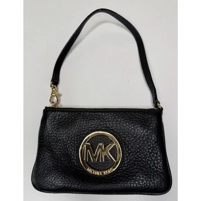 Michael Kors Fulton Wristlet Small Black Pebbled Leather Gold Logo Zip Top Purse - Image 1 of 4