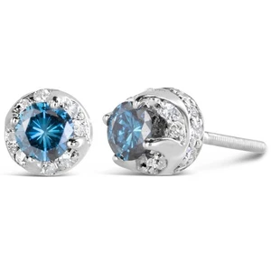 14K White Gold 1.00 Cttw Treated Blue & White Diamond Hidden Halo Stud Earrings - Picture 1 of 7