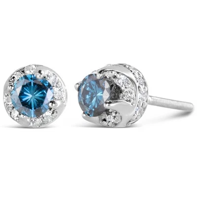14K White Gold 1.00 Cttw Treated Blue & White Diamond Hidden Halo Stud Earrings - Image 1 of 4