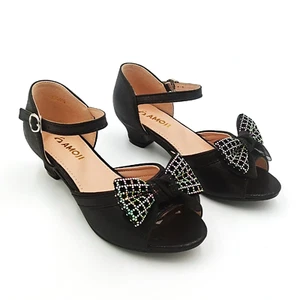 Amoji Girls Dress Shoes Girl High Heels Flower Wedding OPEN Toe KID SIZE 4 BLACK - Picture 1 of 6