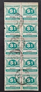 1974- NSW Australia Blk 10X$1.00 Green Newspapers parcels stamp SYDNEY Used - Picture 1 of 3